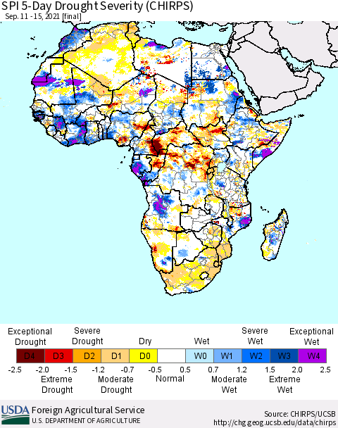 Africa SPI 5-Day Drought Severity (CHIRPS) Thematic Map For 9/11/2021 - 9/15/2021