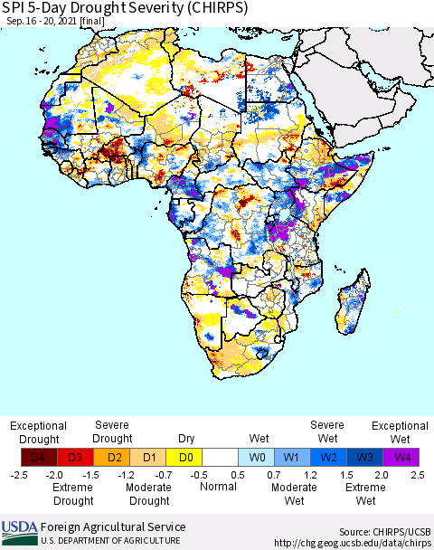 Africa SPI 5-Day Drought Severity (CHIRPS) Thematic Map For 9/16/2021 - 9/20/2021