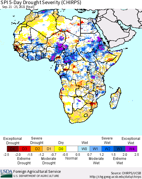 Africa SPI 5-Day Drought Severity (CHIRPS) Thematic Map For 9/21/2021 - 9/25/2021