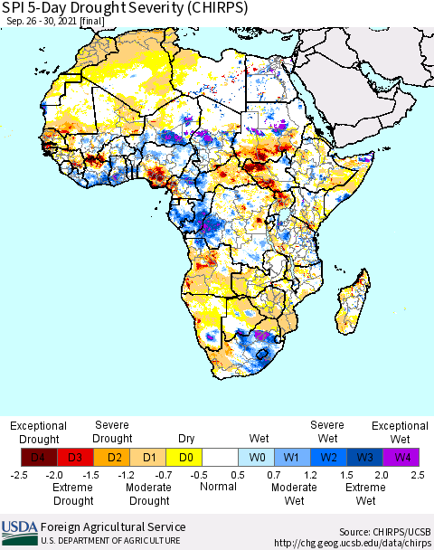 Africa SPI 5-Day Drought Severity (CHIRPS) Thematic Map For 9/26/2021 - 9/30/2021