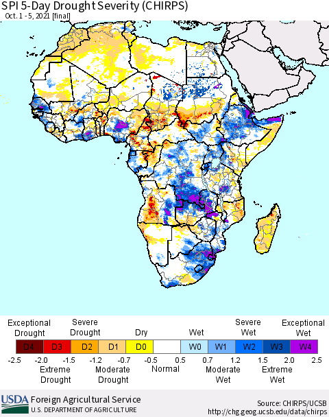 Africa SPI 5-Day Drought Severity (CHIRPS) Thematic Map For 10/1/2021 - 10/5/2021