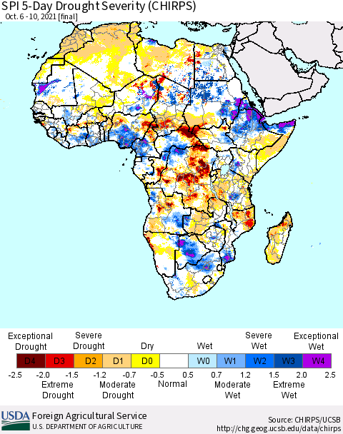 Africa SPI 5-Day Drought Severity (CHIRPS) Thematic Map For 10/6/2021 - 10/10/2021
