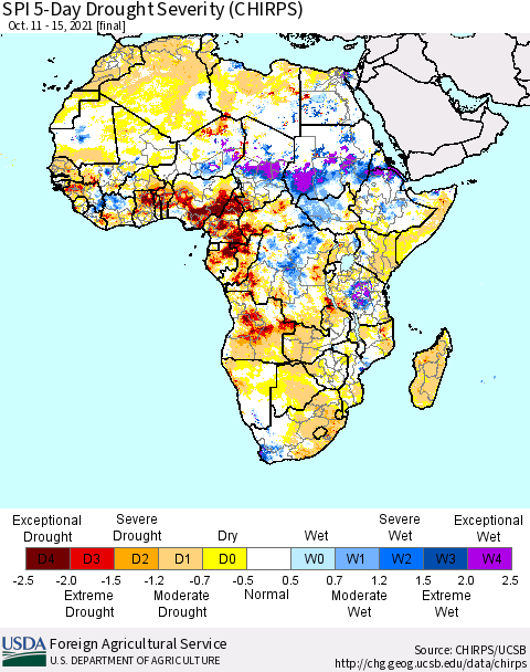 Africa SPI 5-Day Drought Severity (CHIRPS) Thematic Map For 10/11/2021 - 10/15/2021