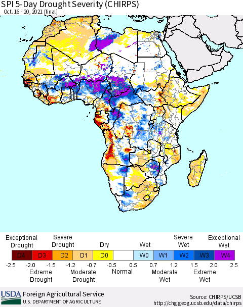 Africa SPI 5-Day Drought Severity (CHIRPS) Thematic Map For 10/16/2021 - 10/20/2021