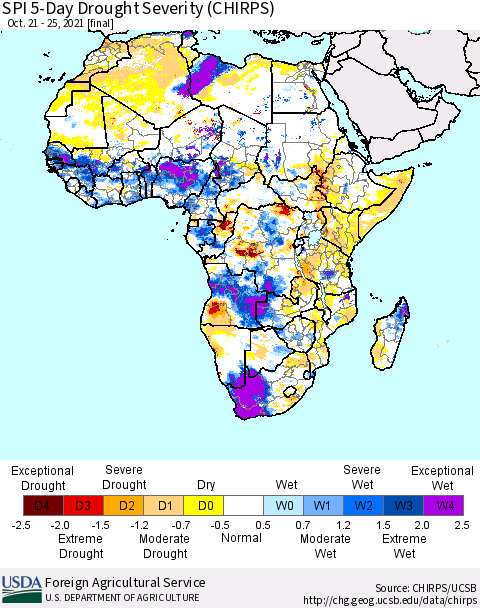 Africa SPI 5-Day Drought Severity (CHIRPS) Thematic Map For 10/21/2021 - 10/25/2021