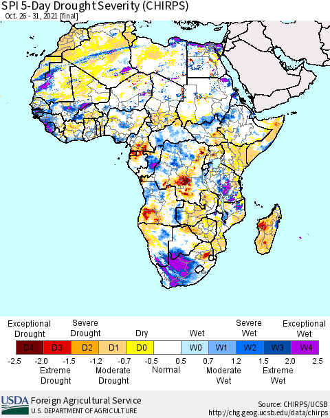 Africa SPI 5-Day Drought Severity (CHIRPS) Thematic Map For 10/26/2021 - 10/31/2021
