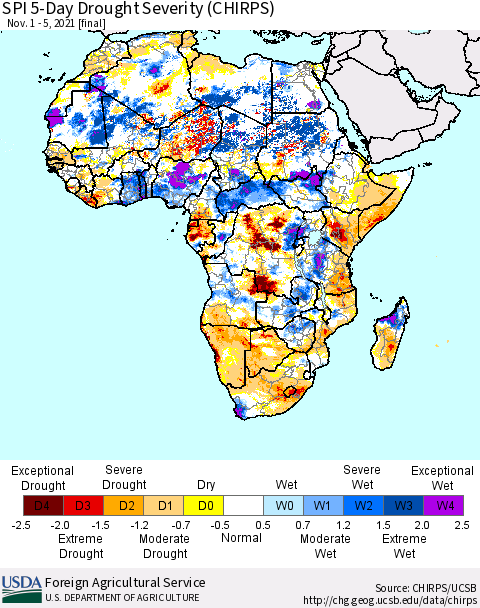 Africa SPI 5-Day Drought Severity (CHIRPS) Thematic Map For 11/1/2021 - 11/5/2021