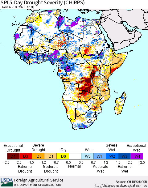 Africa SPI 5-Day Drought Severity (CHIRPS) Thematic Map For 11/6/2021 - 11/10/2021