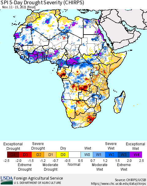 Africa SPI 5-Day Drought Severity (CHIRPS) Thematic Map For 11/11/2021 - 11/15/2021