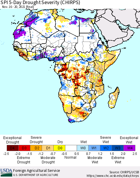 Africa SPI 5-Day Drought Severity (CHIRPS) Thematic Map For 11/16/2021 - 11/20/2021