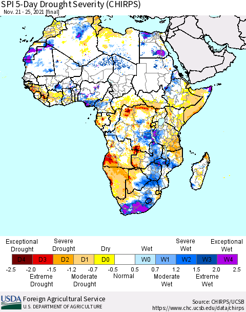 Africa SPI 5-Day Drought Severity (CHIRPS) Thematic Map For 11/21/2021 - 11/25/2021