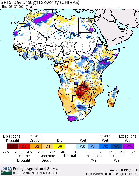 Africa SPI 5-Day Drought Severity (CHIRPS) Thematic Map For 11/26/2021 - 11/30/2021