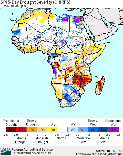 Africa SPI 5-Day Drought Severity (CHIRPS) Thematic Map For 12/6/2021 - 12/10/2021