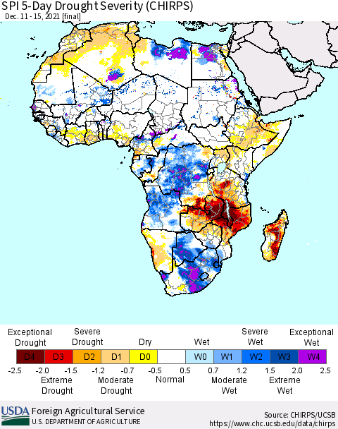 Africa SPI 5-Day Drought Severity (CHIRPS) Thematic Map For 12/11/2021 - 12/15/2021