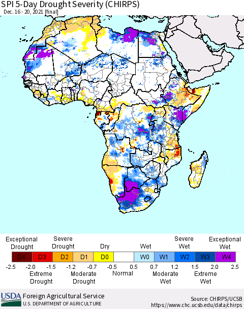 Africa SPI 5-Day Drought Severity (CHIRPS) Thematic Map For 12/16/2021 - 12/20/2021
