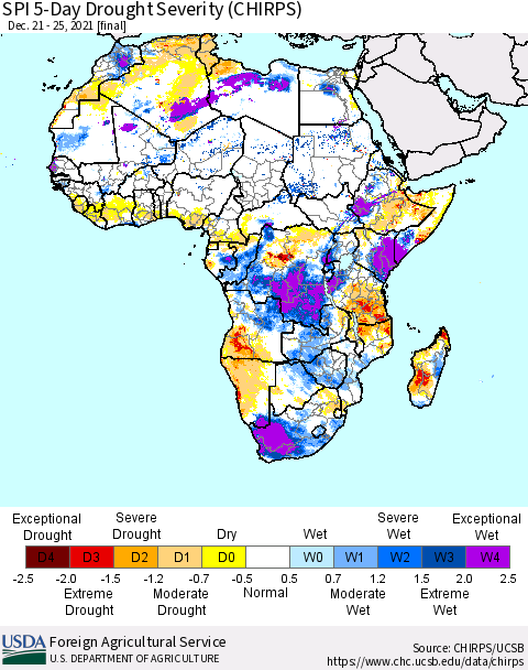 Africa SPI 5-Day Drought Severity (CHIRPS) Thematic Map For 12/21/2021 - 12/25/2021