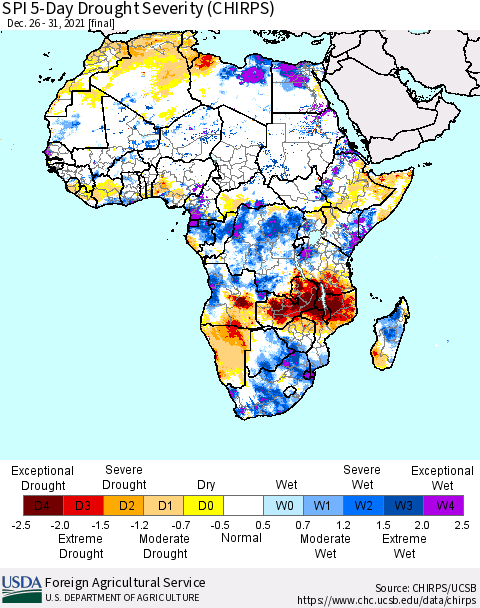 Africa SPI 5-Day Drought Severity (CHIRPS) Thematic Map For 12/26/2021 - 12/31/2021