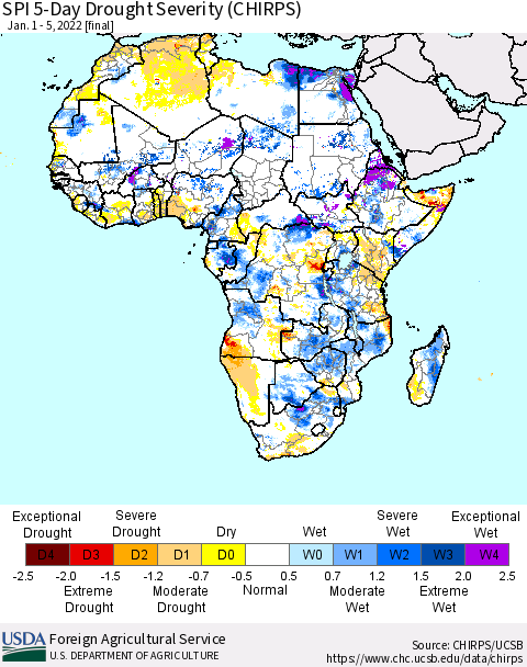 Africa SPI 5-Day Drought Severity (CHIRPS) Thematic Map For 1/1/2022 - 1/5/2022