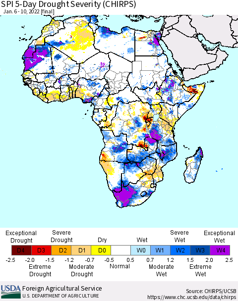 Africa SPI 5-Day Drought Severity (CHIRPS) Thematic Map For 1/6/2022 - 1/10/2022