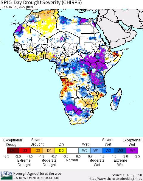 Africa SPI 5-Day Drought Severity (CHIRPS) Thematic Map For 1/16/2022 - 1/20/2022