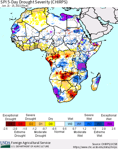 Africa SPI 5-Day Drought Severity (CHIRPS) Thematic Map For 1/21/2022 - 1/25/2022