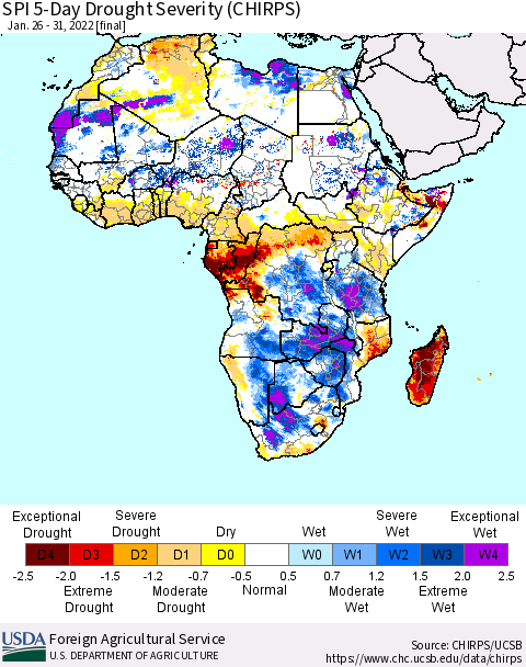 Africa SPI 5-Day Drought Severity (CHIRPS) Thematic Map For 1/26/2022 - 1/31/2022