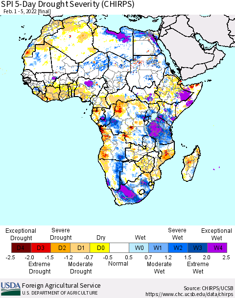 Africa SPI 5-Day Drought Severity (CHIRPS) Thematic Map For 2/1/2022 - 2/5/2022