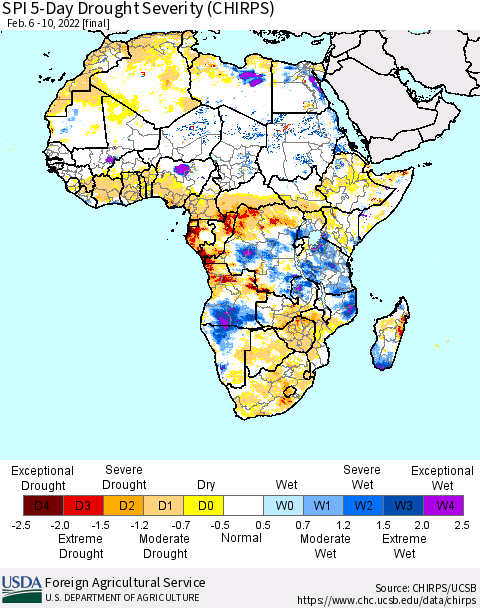 Africa SPI 5-Day Drought Severity (CHIRPS) Thematic Map For 2/6/2022 - 2/10/2022