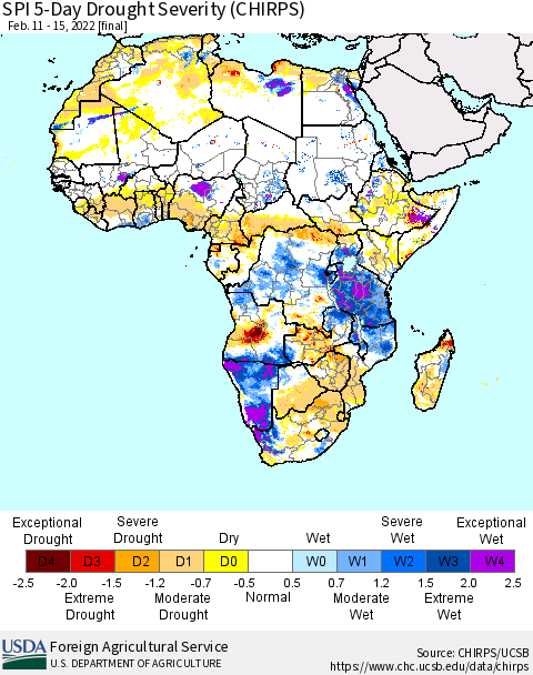 Africa SPI 5-Day Drought Severity (CHIRPS) Thematic Map For 2/11/2022 - 2/15/2022