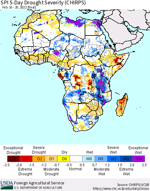 Africa SPI 5-Day Drought Severity (CHIRPS) Thematic Map For 2/16/2022 - 2/20/2022