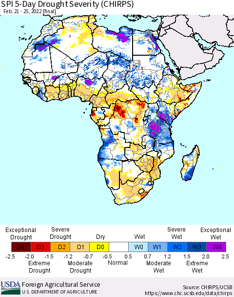 Africa SPI 5-Day Drought Severity (CHIRPS) Thematic Map For 2/21/2022 - 2/25/2022