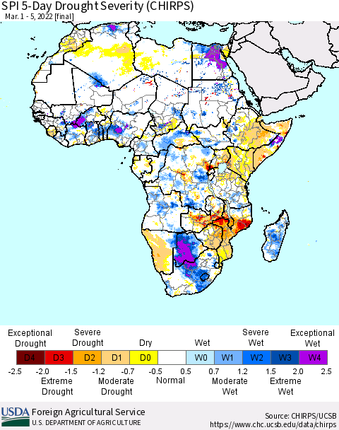 Africa SPI 5-Day Drought Severity (CHIRPS) Thematic Map For 3/1/2022 - 3/5/2022