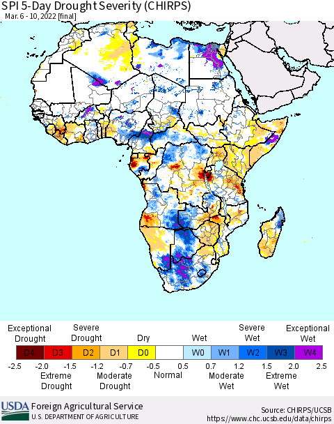 Africa SPI 5-Day Drought Severity (CHIRPS) Thematic Map For 3/6/2022 - 3/10/2022