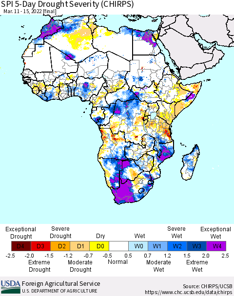 Africa SPI 5-Day Drought Severity (CHIRPS) Thematic Map For 3/11/2022 - 3/15/2022