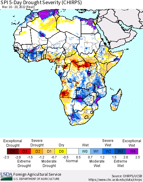 Africa SPI 5-Day Drought Severity (CHIRPS) Thematic Map For 3/16/2022 - 3/20/2022