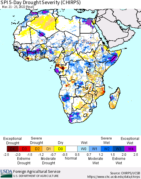 Africa SPI 5-Day Drought Severity (CHIRPS) Thematic Map For 3/21/2022 - 3/25/2022