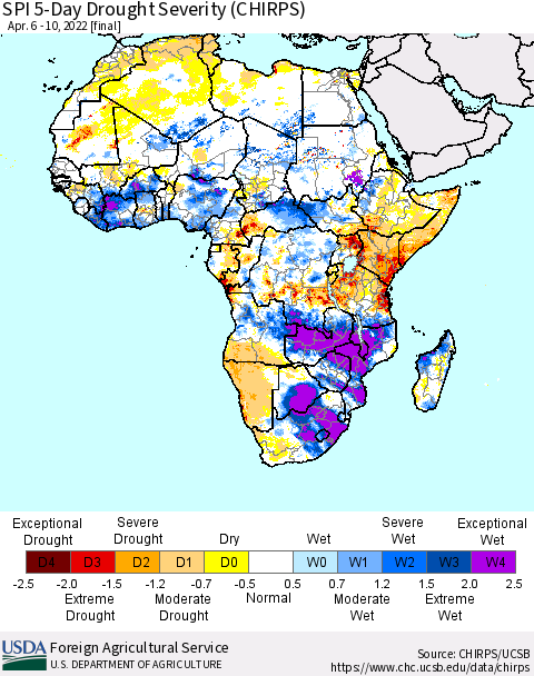 Africa SPI 5-Day Drought Severity (CHIRPS) Thematic Map For 4/6/2022 - 4/10/2022