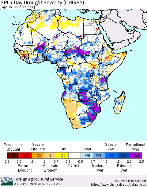 Africa SPI 5-Day Drought Severity (CHIRPS) Thematic Map For 4/16/2022 - 4/20/2022