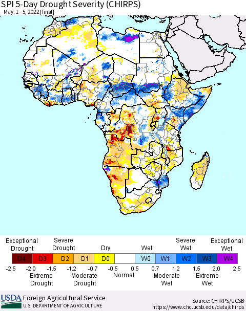Africa SPI 5-Day Drought Severity (CHIRPS) Thematic Map For 5/1/2022 - 5/5/2022