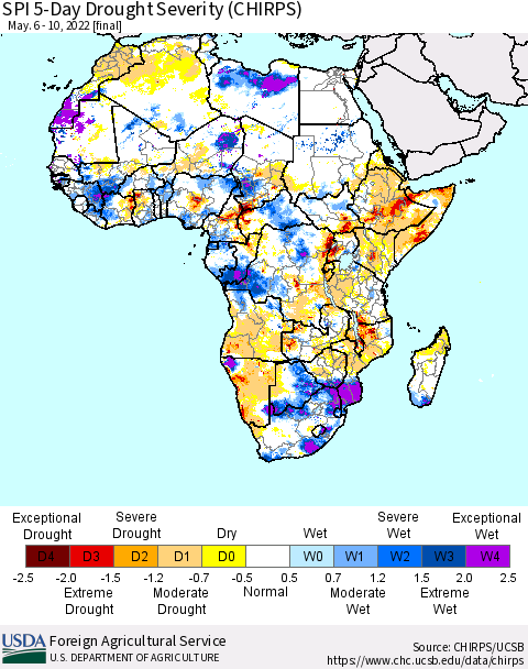 Africa SPI 5-Day Drought Severity (CHIRPS) Thematic Map For 5/6/2022 - 5/10/2022