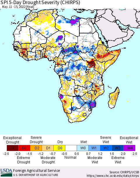 Africa SPI 5-Day Drought Severity (CHIRPS) Thematic Map For 5/11/2022 - 5/15/2022