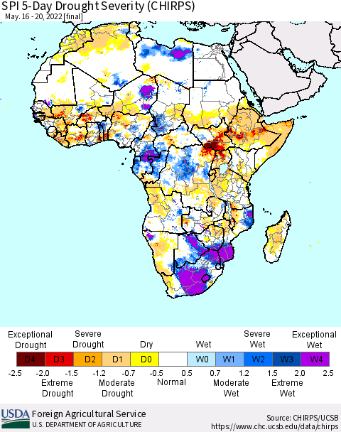 Africa SPI 5-Day Drought Severity (CHIRPS) Thematic Map For 5/16/2022 - 5/20/2022