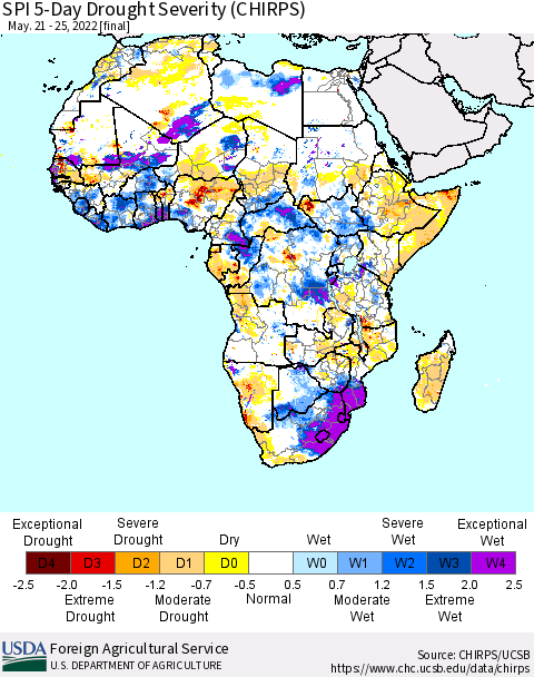 Africa SPI 5-Day Drought Severity (CHIRPS) Thematic Map For 5/21/2022 - 5/25/2022