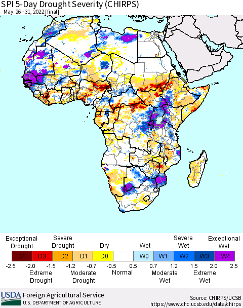 Africa SPI 5-Day Drought Severity (CHIRPS) Thematic Map For 5/26/2022 - 5/31/2022
