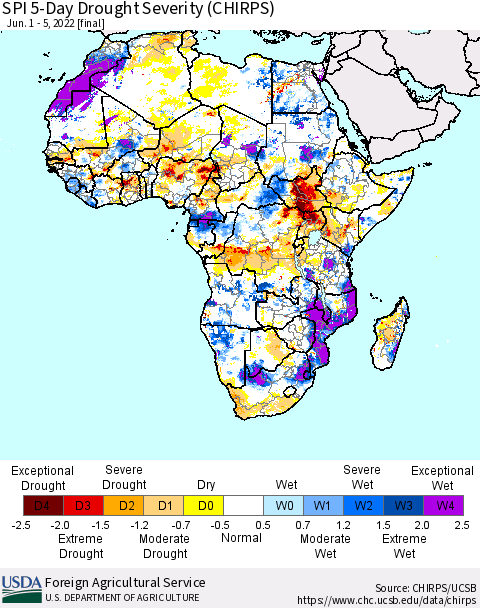 Africa SPI 5-Day Drought Severity (CHIRPS) Thematic Map For 6/1/2022 - 6/5/2022