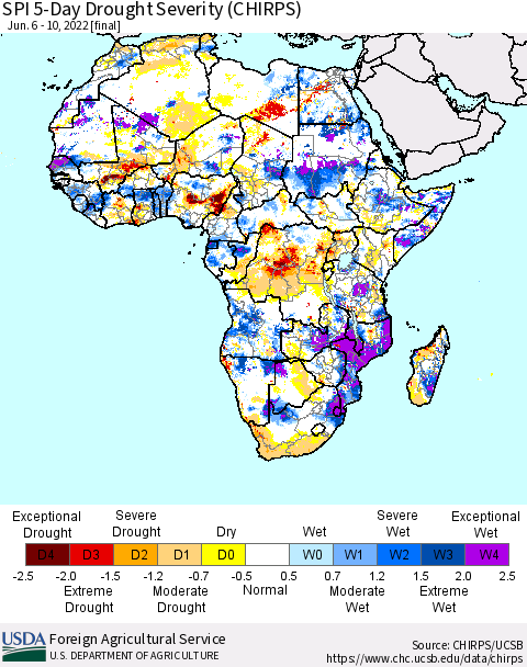 Africa SPI 5-Day Drought Severity (CHIRPS) Thematic Map For 6/6/2022 - 6/10/2022