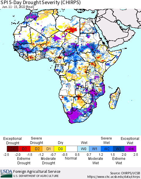 Africa SPI 5-Day Drought Severity (CHIRPS) Thematic Map For 6/11/2022 - 6/15/2022
