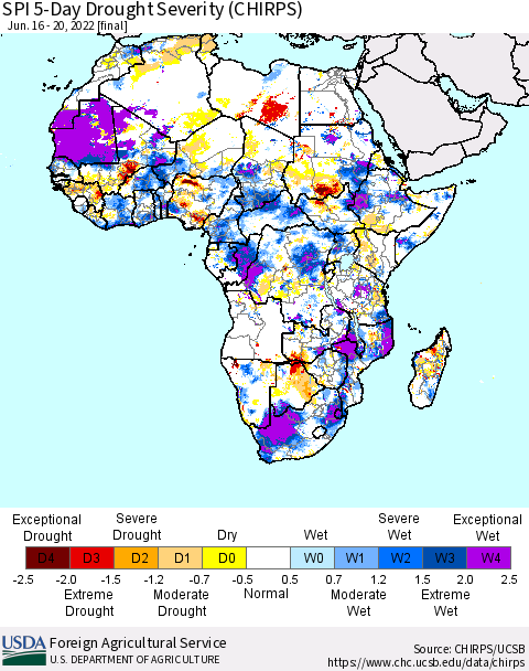 Africa SPI 5-Day Drought Severity (CHIRPS) Thematic Map For 6/16/2022 - 6/20/2022