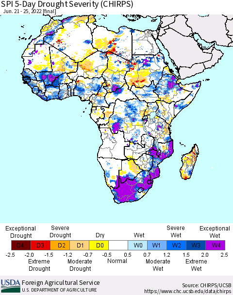 Africa SPI 5-Day Drought Severity (CHIRPS) Thematic Map For 6/21/2022 - 6/25/2022