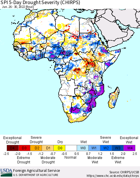 Africa SPI 5-Day Drought Severity (CHIRPS) Thematic Map For 6/26/2022 - 6/30/2022